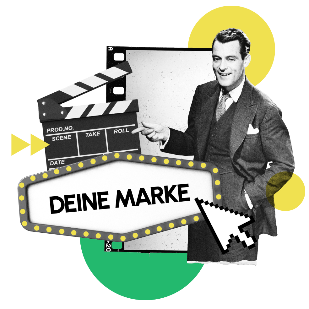 Collage: Mann mit Filmklappe und Leuchtschild „Deine Marke“