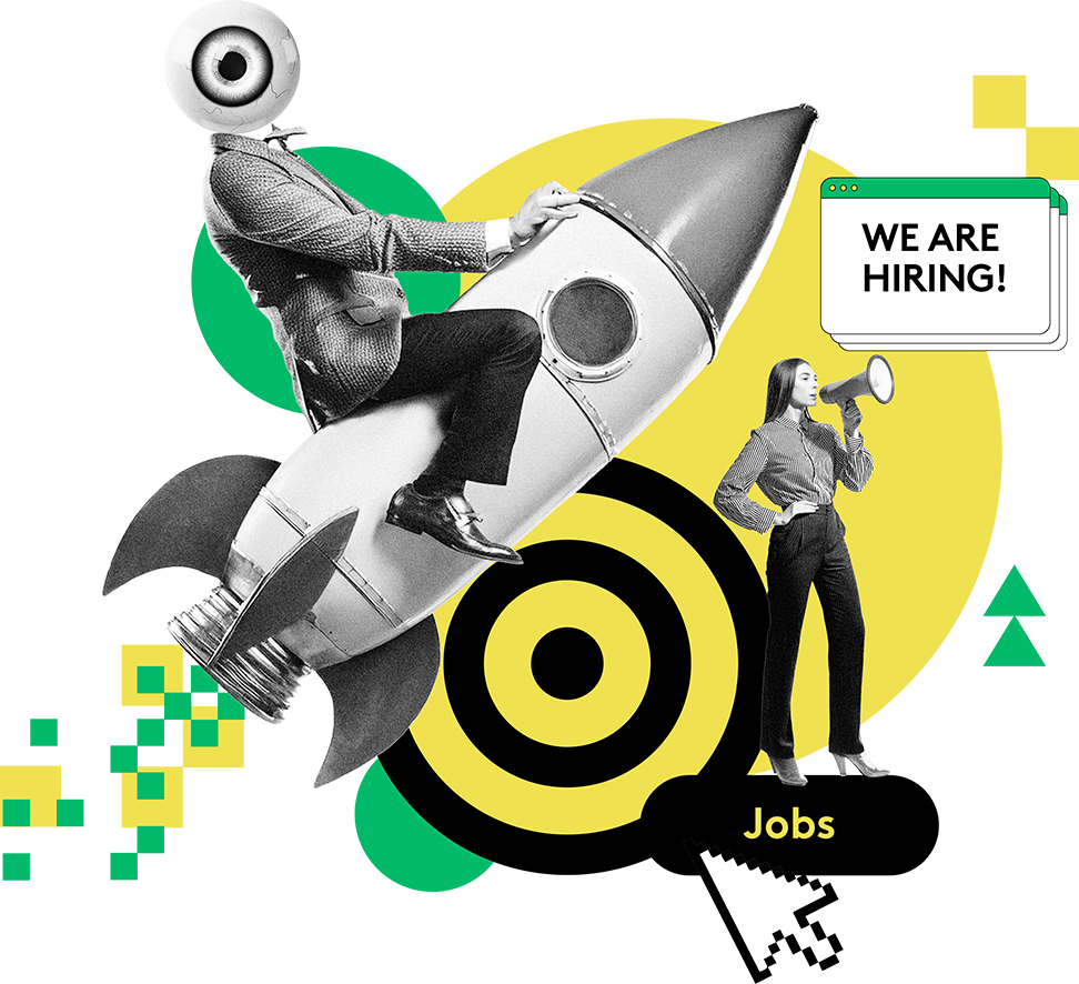 Collage: Rakete, Zielscheibe, Megafon und Schild „We are hiring!“